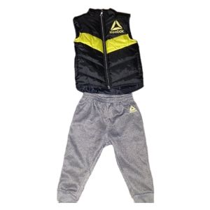Reebok Stripe Black & Yellow Neon Polyester Matching Set Puffy Vest & Pants 18M
